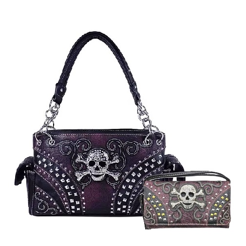 Purple Western Concealed Carry Skull Concho Studded Purse & Wallet Set